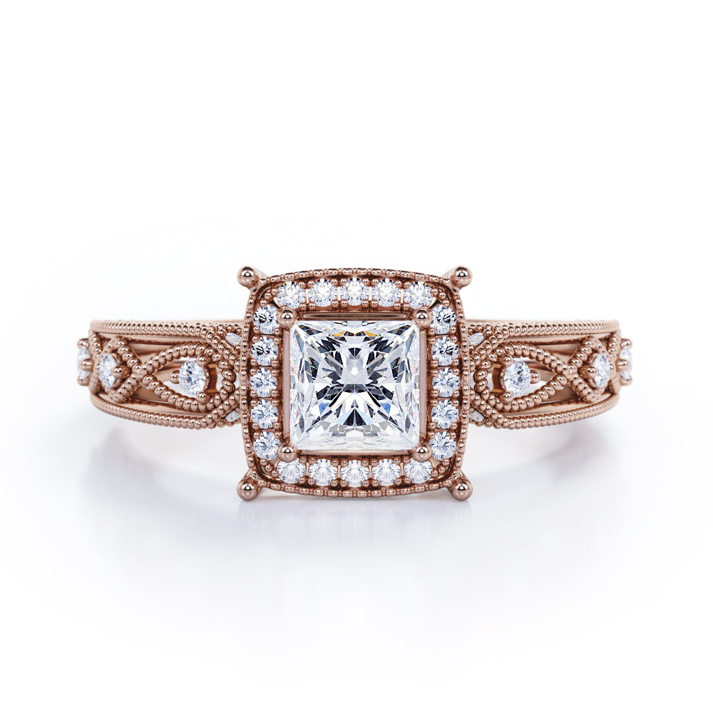 Art Deco Beaded 0.45 Carat Princess Cut Diamond Halo Engagement Ring In White Gold