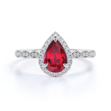 Antique 1.35 ct Pear Lab-Created Ruby Halo Engagement Ring