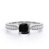 Classic Eight Prongs 1.25 Carat Cushion Cut Black Diamond Vintage Milgrain Engagement Ring In White Gold