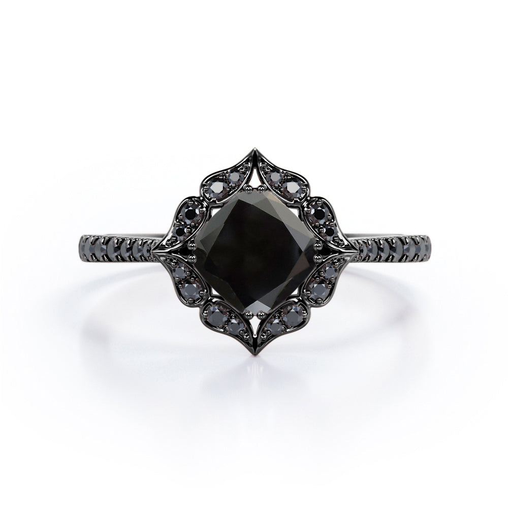 1.5 ct Cushion Lab Black Diamond Vintage Pave Engagement Ring