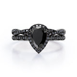 Eternity Crossover 1.75 TCW Pear Shaped Lab Created Black Diamond Halo-Vintage Style Wedding Ring Set in White Gold