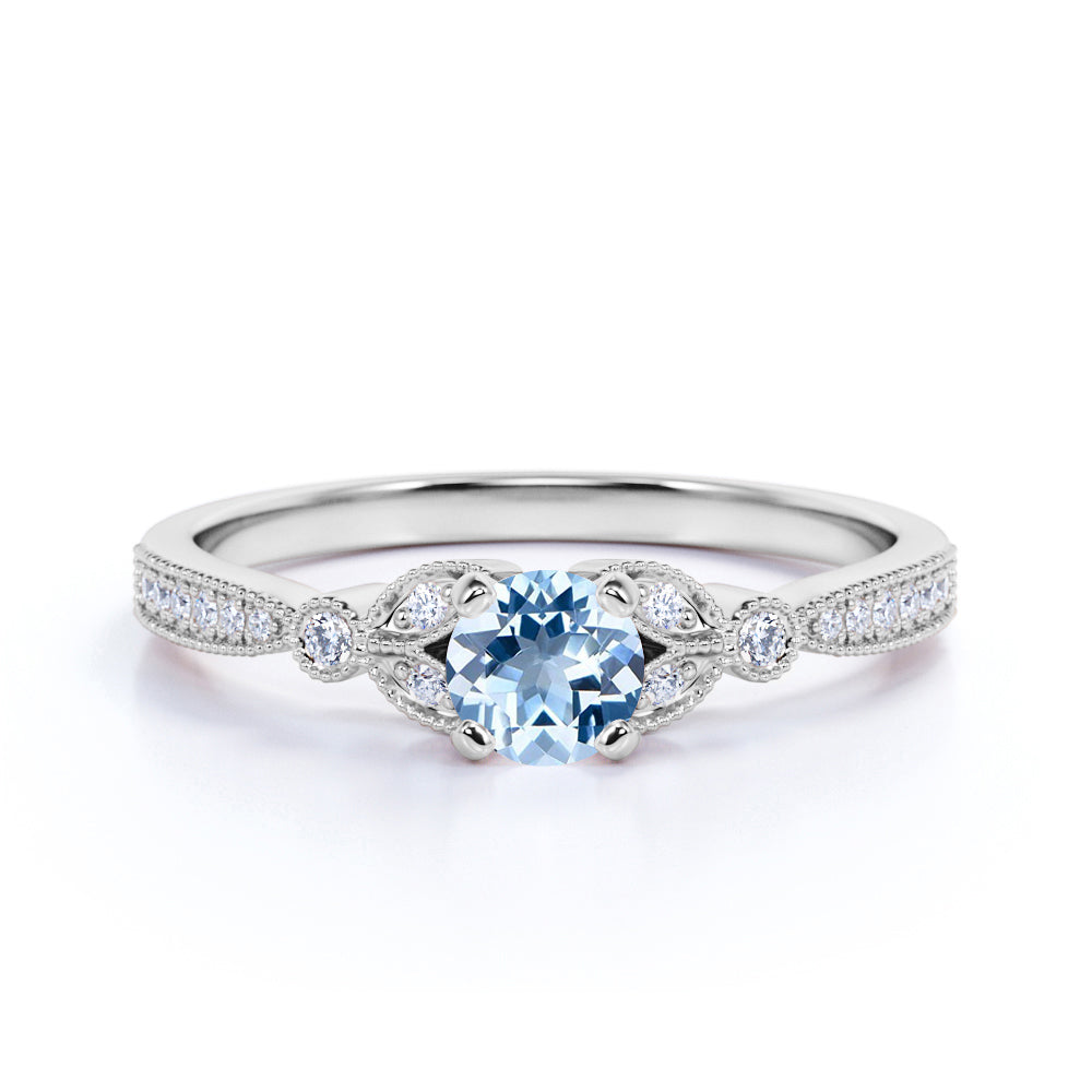 Leaves 1 ct Round Aquamarine Art Deco Engagement Ring