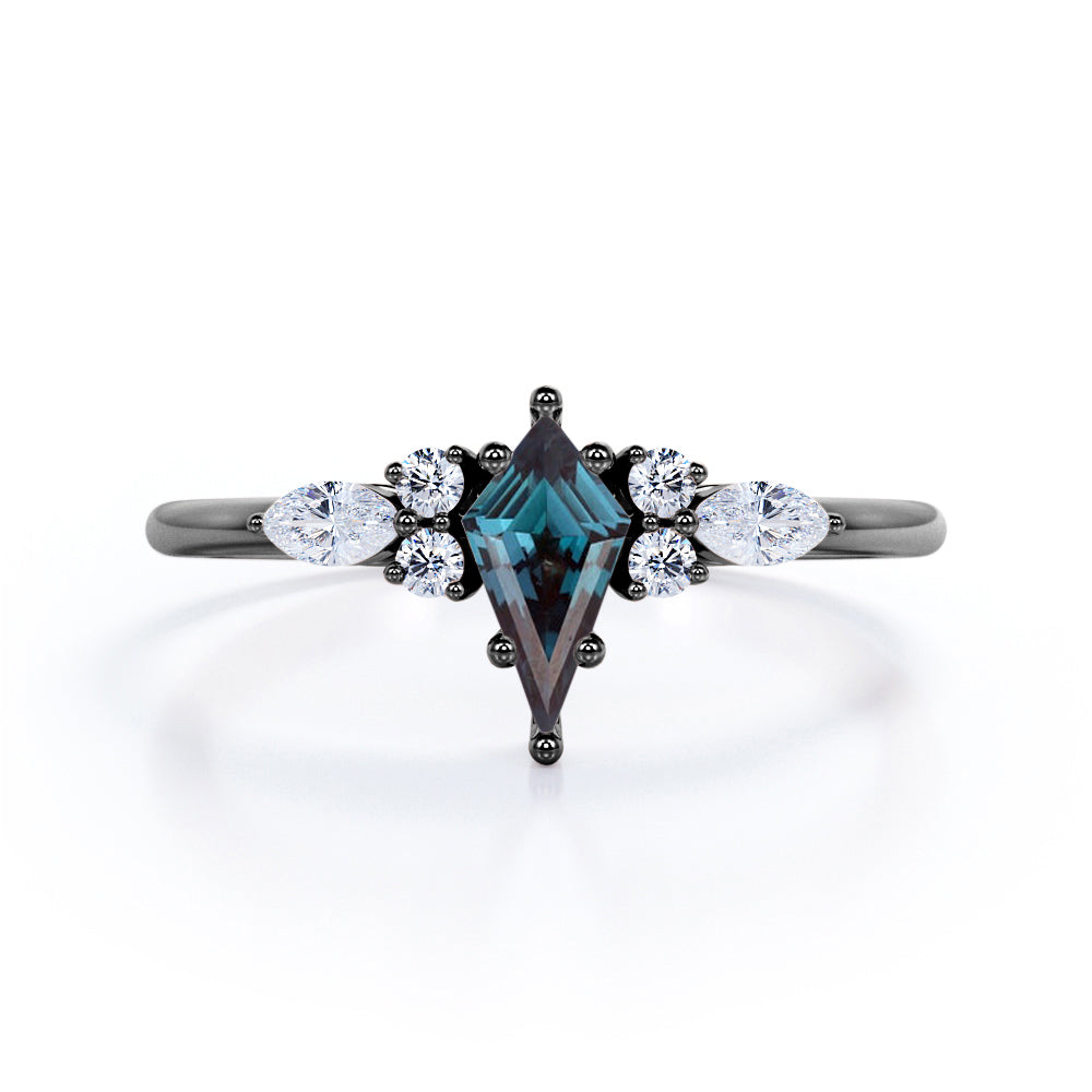 Modern Six Prong Set 1 Carat Kite Shaped Lab Created Alexandrite And Diamond Seven Stone Engagement Ring For Women In White Gold