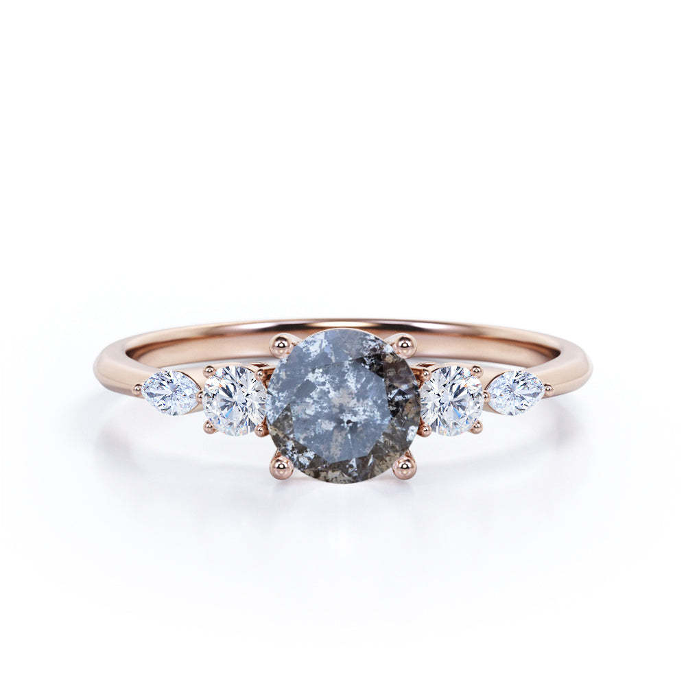 Five Stone 0.55 Ct Round Salt and Pepper Diamond Engagement Ring