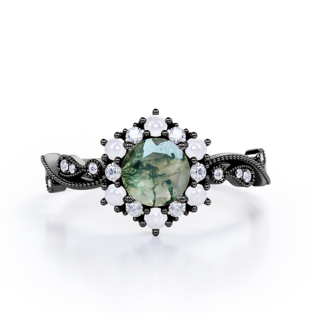 Floral Halo 0.7 carat Round Moss Green Agate and Diamond Engagement Ring in White Gold