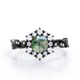Floral Halo 0.7 carat Round Moss Green Agate and Diamond Engagement Ring in White Gold