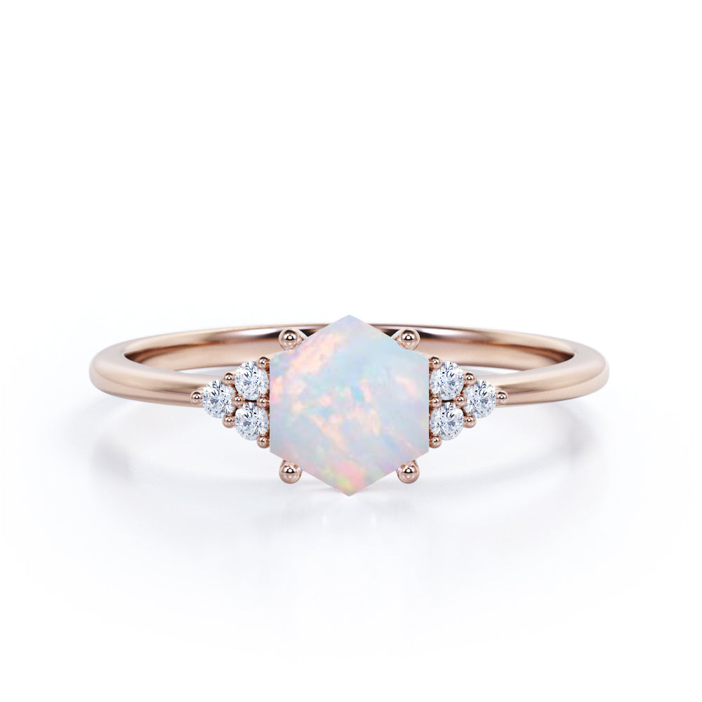 Tapered Four Prong Basket Set 1.15 Carat Hexagon Cut Solid White Opal And Diamond Seven Stone Engagement Ring In White Gold