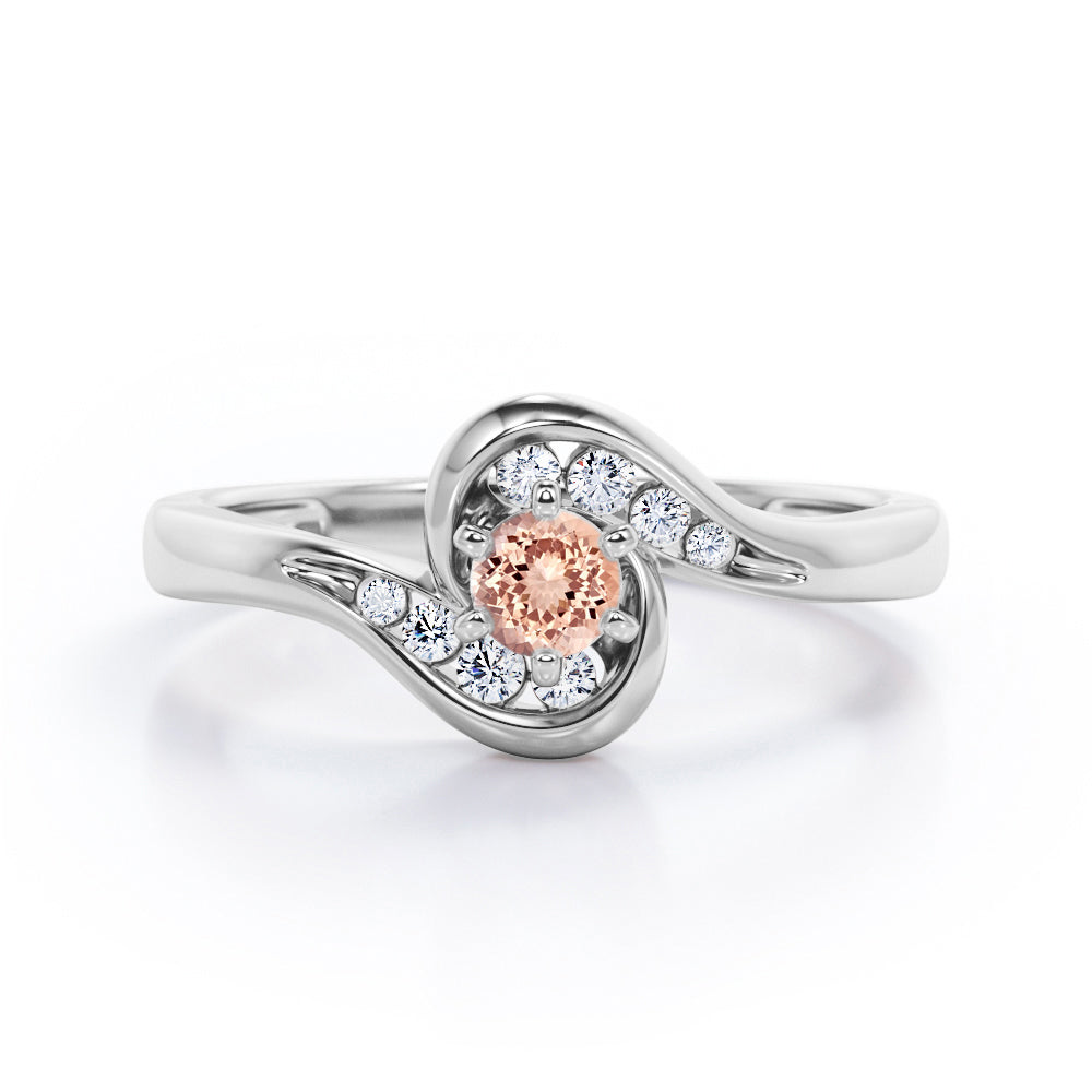 Whirly Gemstone 0.55 carat Round Morganite and Moissanites Artistic Engagement Ring in Rose Gold