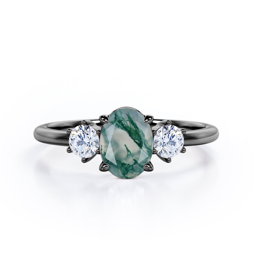 Simple Trio Stone 0.8 carat Oval Moss Green Agate and Diamond Engagement Ring in Rose Gold