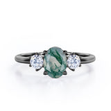 Simple Trio Stone 0.8 carat Oval Moss Green Agate and Diamond Engagement Ring in Rose Gold