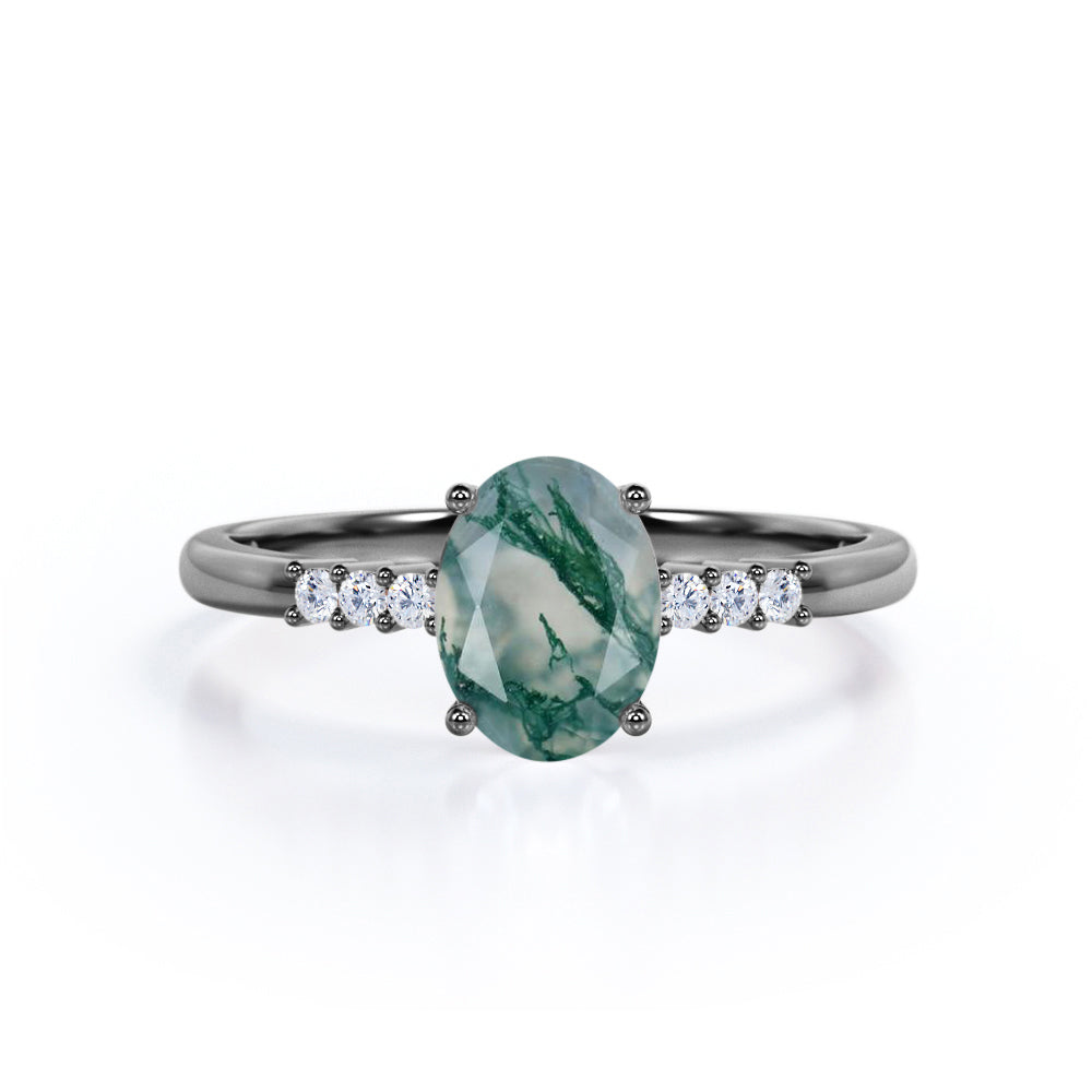 Seven Stone 1.15 Ct Oval Cut Moss Agate Engagement Ring