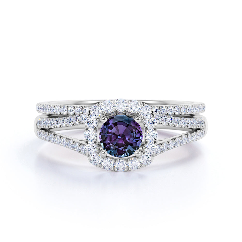 Double Shank 4 Prong 1.75 Carat Round Cut Lab Alexandrite and Diamond Pave Wedding Set Rings for Women