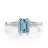 Sharp Eight Claws 1.10 Carat Emerald Cut Aquamarine And Diamond Beaded Engagement Ring In White Gold