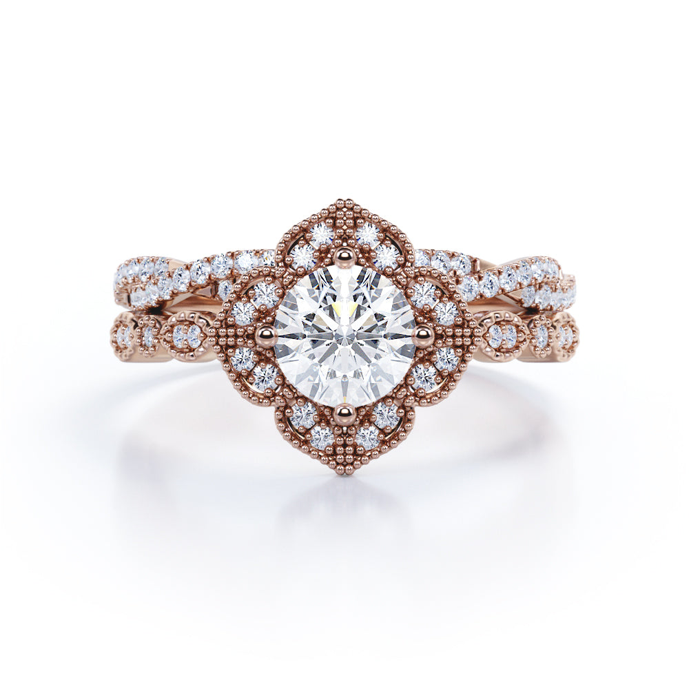 2 Carat Round Cut Moissanite And Diamond Art Deco Wedding Ring Set In White Gold