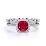Antique Eternity 2.25 Carat Cushion Cut Lab Ruby and Diamond Halo Wedding Set in White Gold