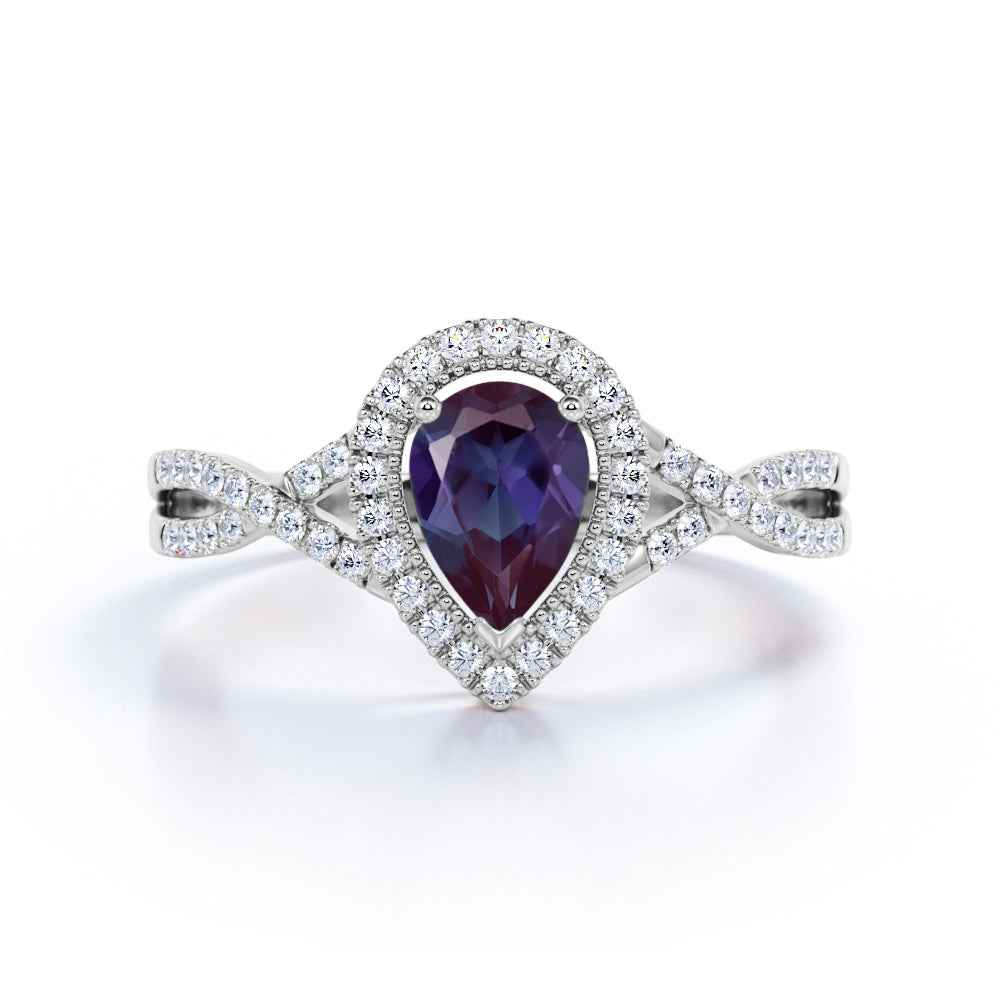 Vintage Twisted Infinity 1.50 Carat Pear Shaped Lab Grown Alexandrite and Diamond Halo Engagement Ring in Rose Gold for Women