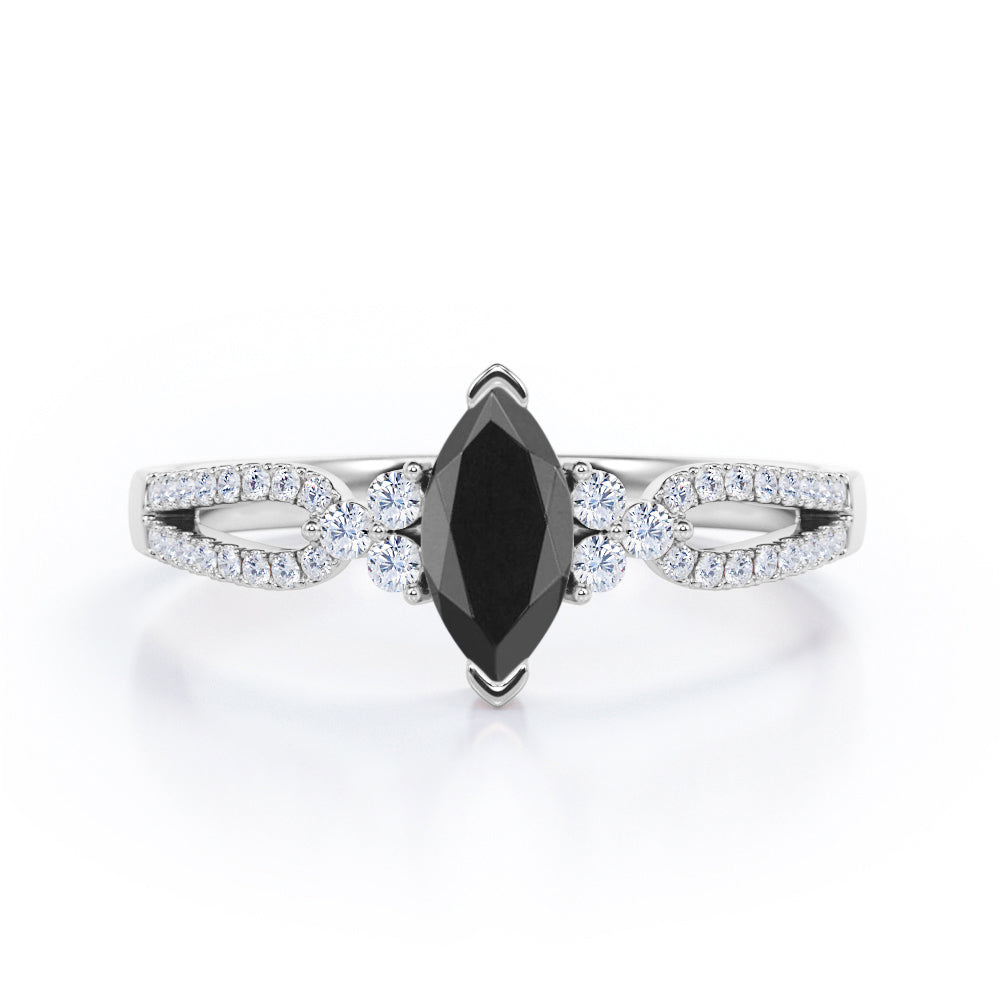 Stylish 1.45 Carat Marquise Cut Black Diamond Double Shank Engagement Ring In White Gold