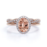Unique 1.75 Carat Oval Cut Peach Morganite and Diamond Wedding Bridal Ring Set in 10k Rose Gold Affordable Ring