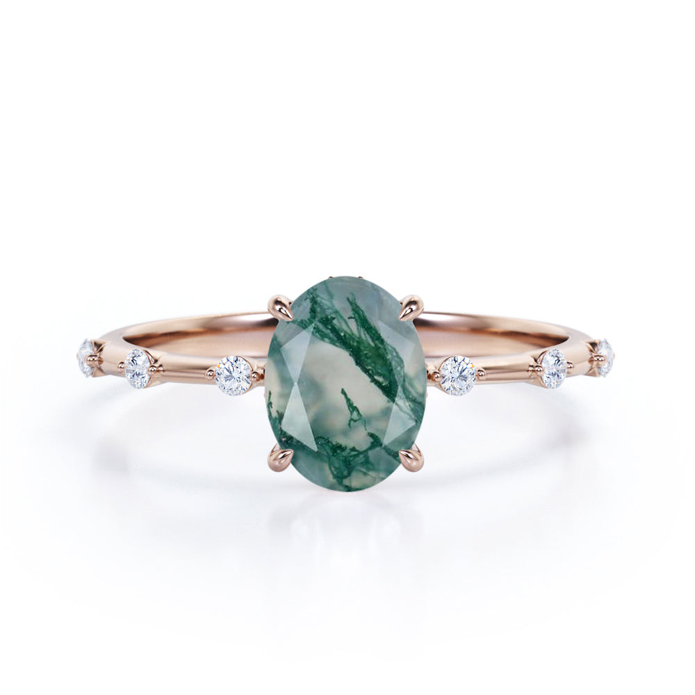 Tapered 0.6 Ct Oval Green Moss Agate Engagement Ring