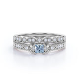 1.15 Carat Princess Cut Aquamarine And Diamond Vintage Milgrain Wedding Ring Set In White Gold