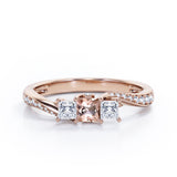 Scale Bridge Accent 0.65 carat Princess Morganite and Moissanite Twisted Wave Engagement Ring in Rose Gold