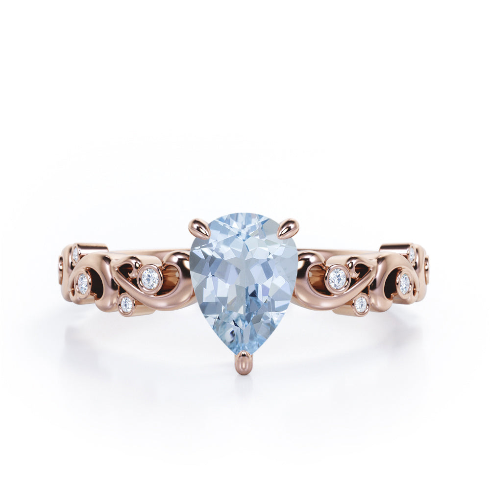Vintage Style Scroll 0.5 carat Pear Aquamarine and Diamond Engagement Ring in White Gold