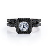 Art-Deco Pave Accented 1.7 TCW Princess Cut Moissanite with Lab Created Black Diamond Double Halo Bridal Ring Set in White Gold