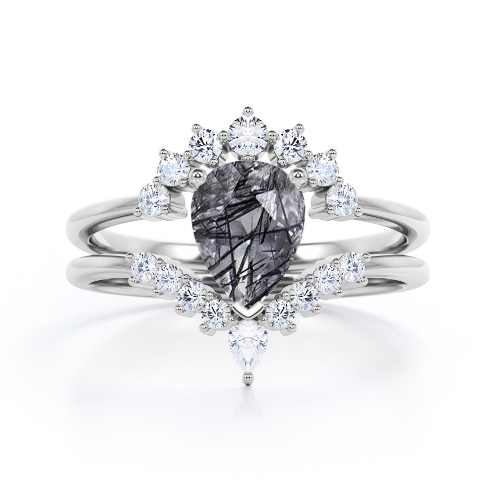 Tiara 1.40 ct Pear Black Hair Rutilated Quartz Unique Bridal Set