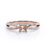 Twisted and Split Pinched Shank 0.65 carat Princess Morganite and Moissanites Elegant Engagement Ring in Rose Gold