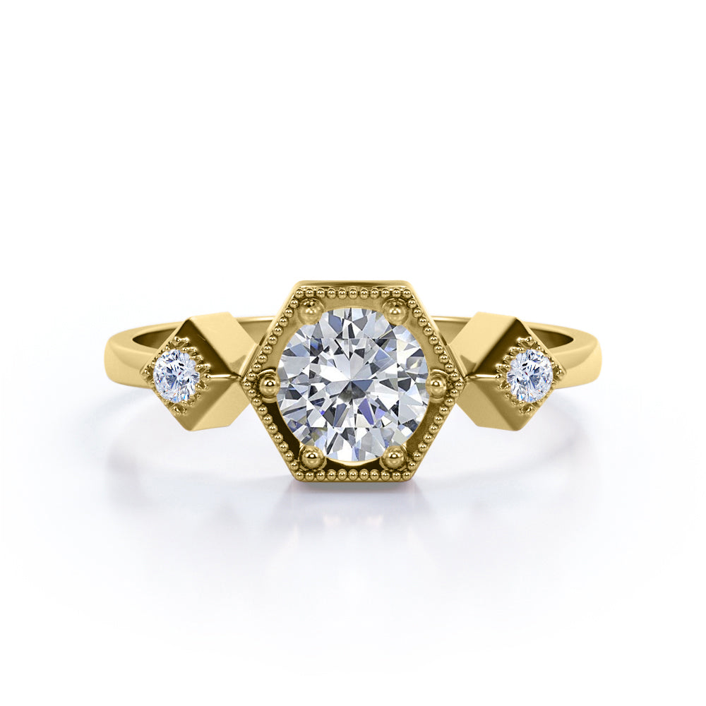 Modern Hexagon Based 0.55 carat Round Moissanite and Diamond Engagement Ring in White Gold