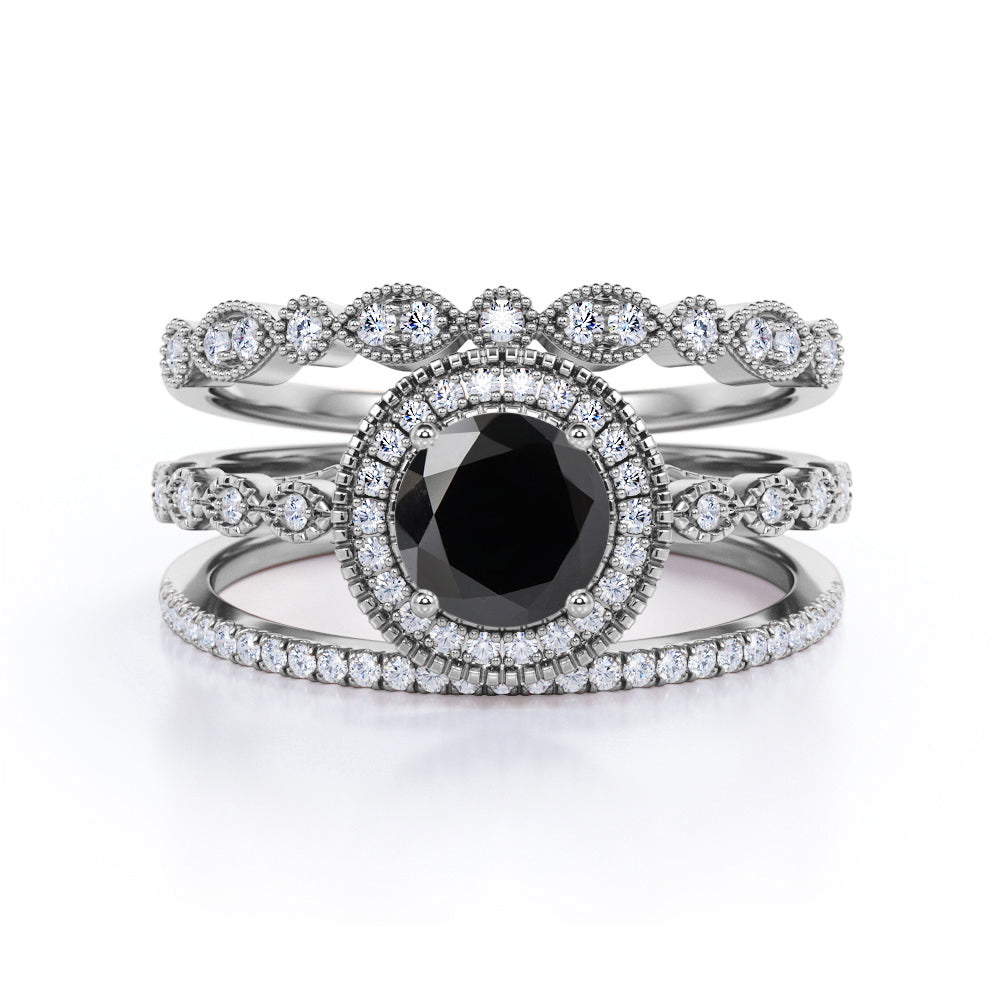 Bestselling 2 Carat Lab Black Diamond Halo Trio Wedding Bridal Ring Set in Rose Gold