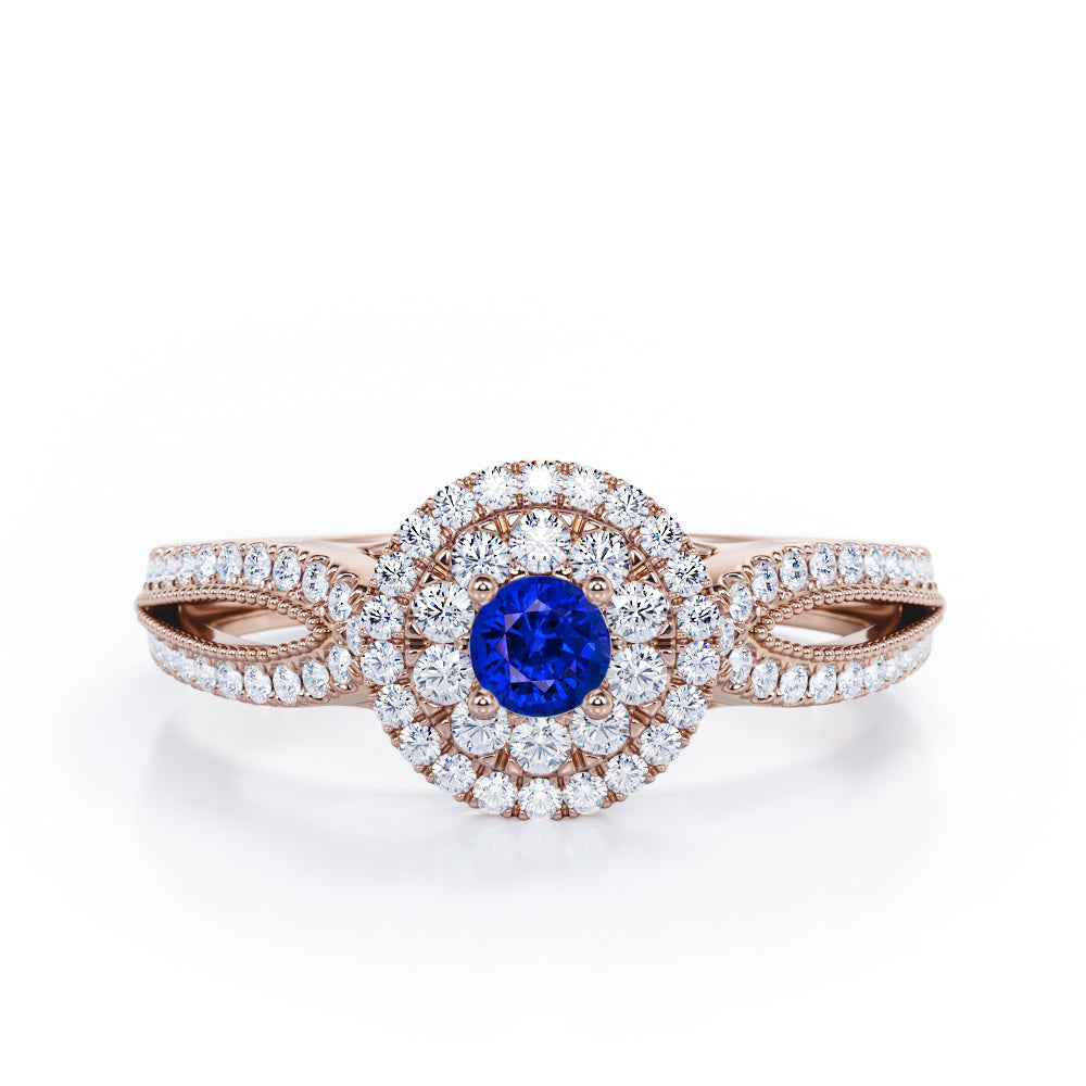 Double Halo Cluster 1.8 Carat Round-Shaped Blue Sapphire and diamond Split-Shaked Milgrain Pave Engagement Ring in White Gold