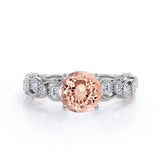 Limited Time Sale: Huge 1.50 Carat Round cut Morganite and Diamond Trilogy Three Stone Engagement Ring in Rose Gold