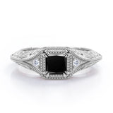 Vintage Eight Claws 1.10 Carat Princess Cut Black Diamond Three Stone Engagement Ring In White Gold