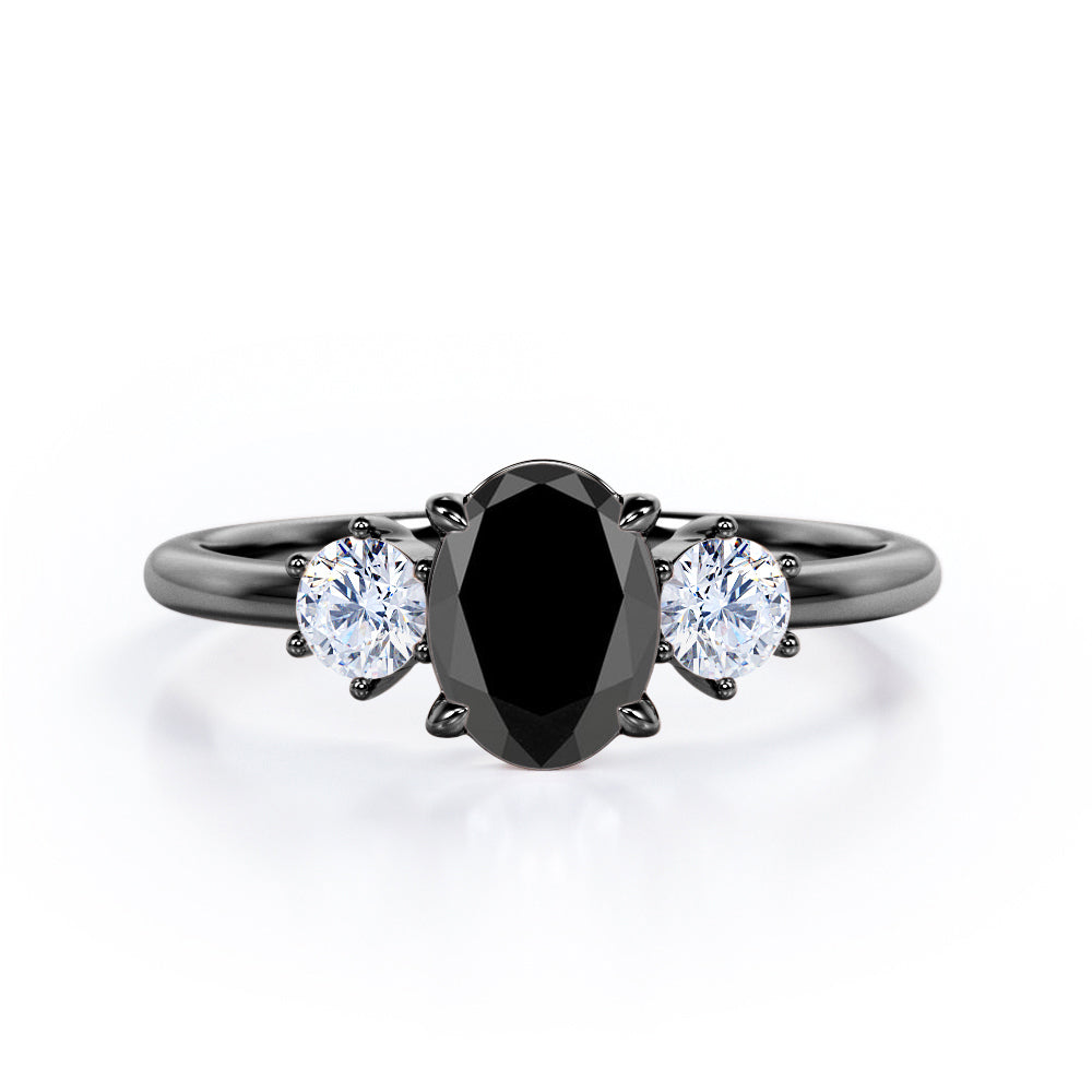 Unique Three Stone 0.8 carat Oval Black Diamond Engagement Ring in Rose Gold
