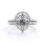 Starburst Filigree 0.65 Carat Round Cut Druzy Black Rutilated Quartz and Diamond Curved Pave Wedding Set Rings