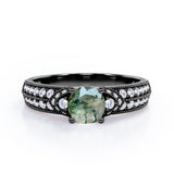 Antique 4 Prong 1.50 Carat Round Cut Green Moss Agate And Diamond Vintage Milgrain Layered Engagement Ring In Black Gold