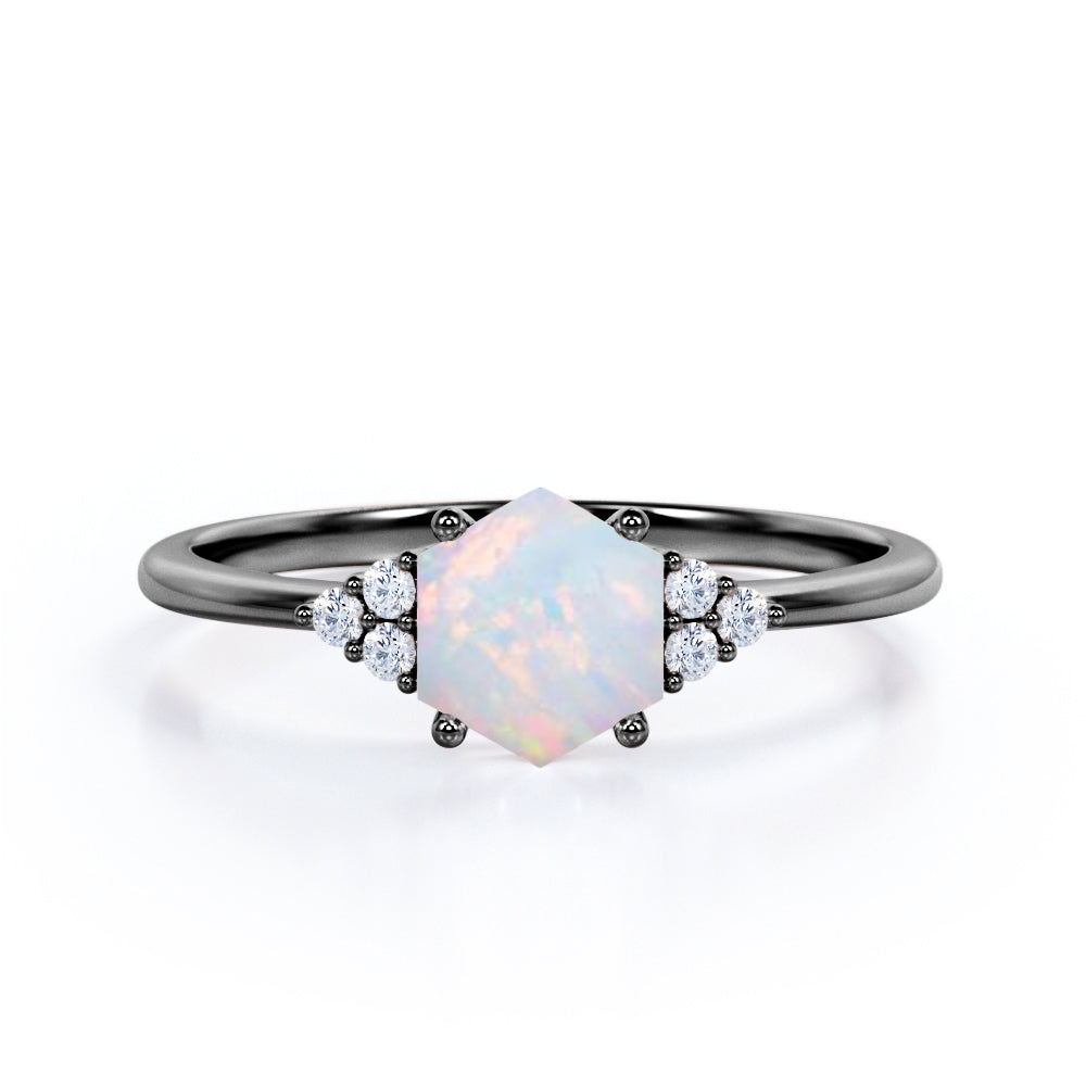 Tapered Four Prong Basket Set 1.15 Carat Hexagon Cut Solid White Opal And Diamond Seven Stone Engagement Ring In White Gold