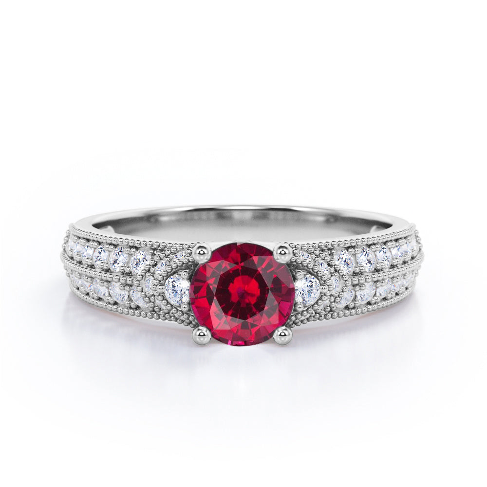 Antique 4 Prong 1.50 Carat Round Cut Lab Ruby And Diamond Vintage Milgrain Layered Engagement Ring In Rose Gold