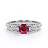 Antique 4 Prong 1.50 Carat Round Cut Lab Ruby And Diamond Vintage Milgrain Layered Engagement Ring In Rose Gold