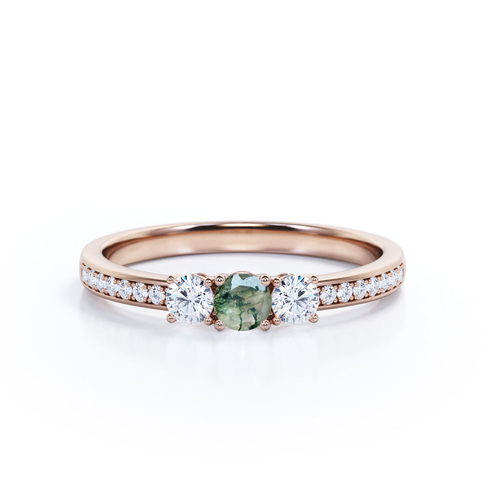 Elegant Trilogy 1.25 carat Round Moss Green Agate and Moissanite Promise Ring in White Gold