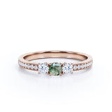 Elegant Trilogy 1.25 carat Round Moss Green Agate and Moissanite Promise Ring in White Gold