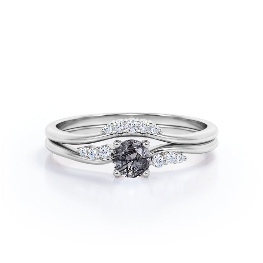 Swirl Solitaire 0.65 Carat Round Cut Dendritic Black Rutilated Quartz and Diamond Seven Stone Minimalist Wedding Set Rings