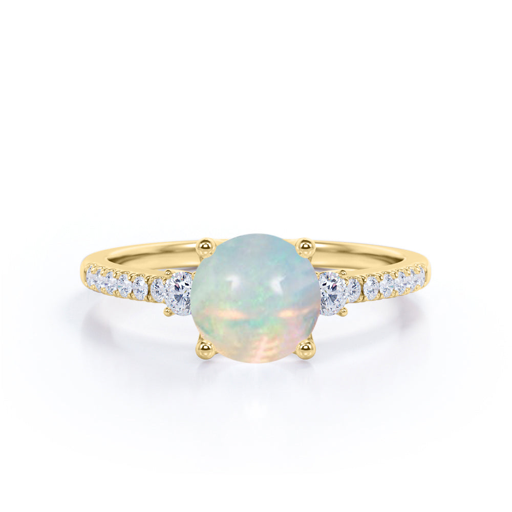 Modern 3 Stone 1.25 Carat Round Cut Australian Fire Opal and Diamond Half Eternity Pave Engagement Ring for Ladies