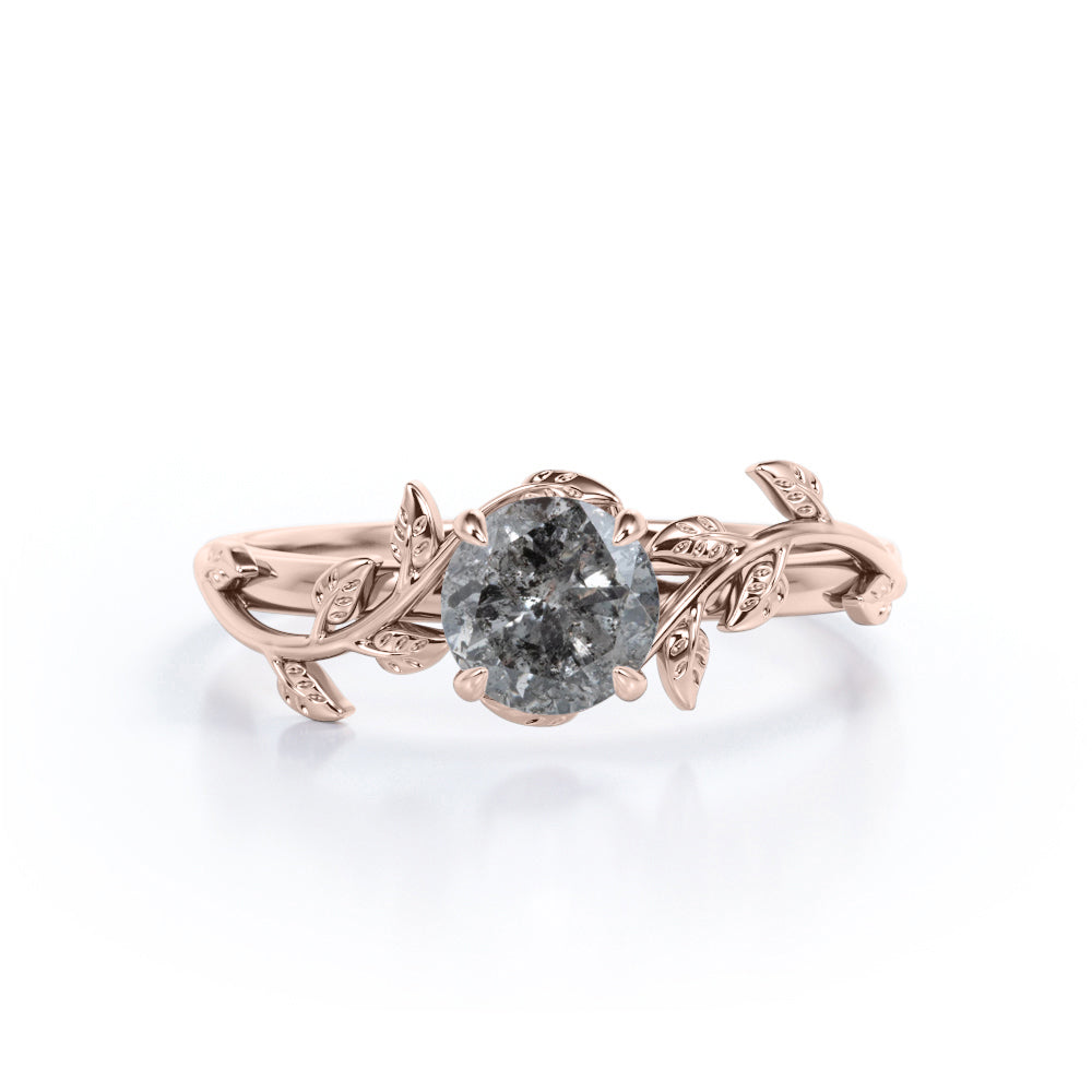 0.50 Ct Round Salt and Pepper Diamond Leaf Engagement Ring
