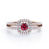 Double Halo 1.55 Carat Round Cut Lab-Created Ruby And Diamond Split Shank Engagement Ring In Rose Gold
