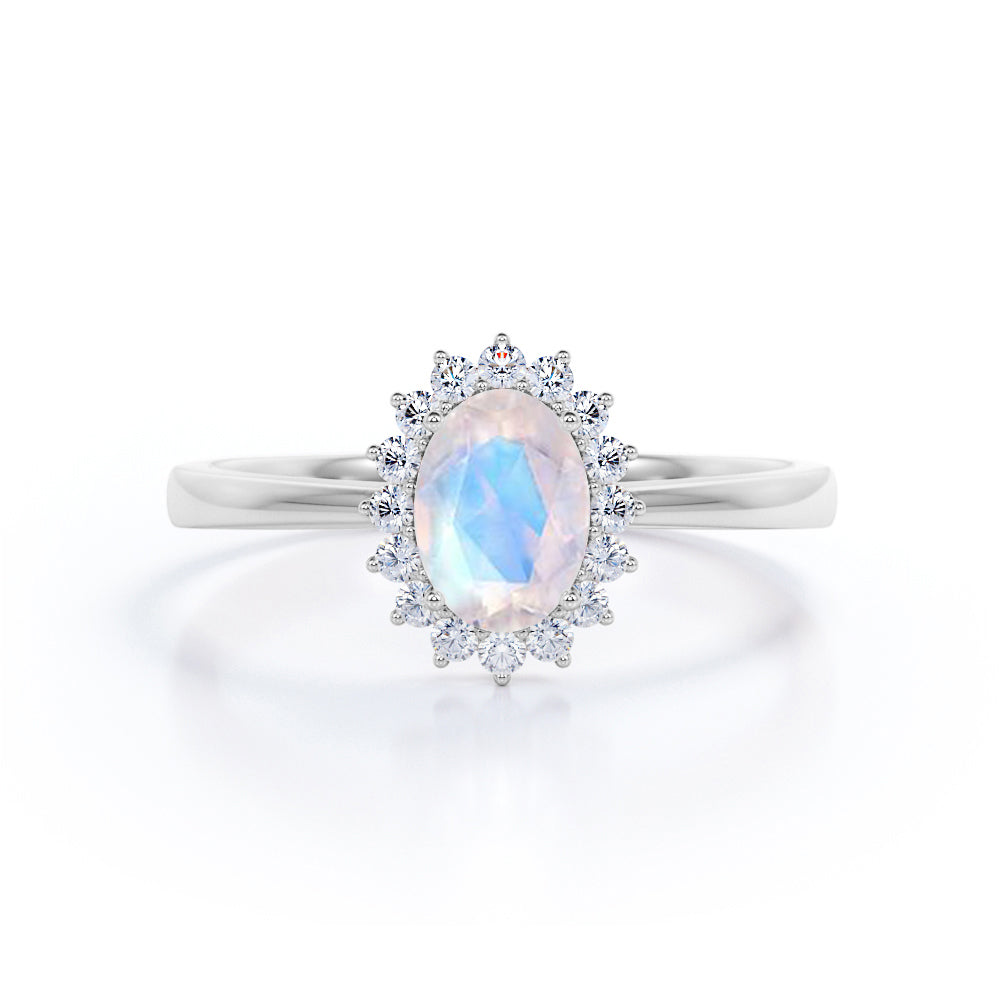 Vintage 1.50 Carat Oval Cut Blue Moonstone and Diamond Floral Engagement Ring in Rose Gold