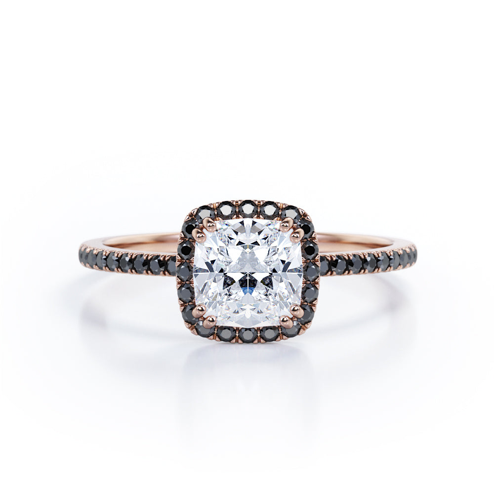 Classic Halo Setting - 1.5 TCW Cushion Cut Moissanite with Lab Created Black Diamond - Pave Style Engagement Ring in Black Gold