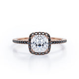 Classic Halo Setting - 1.5 TCW Cushion Cut Moissanite with Lab Created Black Diamond - Pave Style Engagement Ring in Black Gold