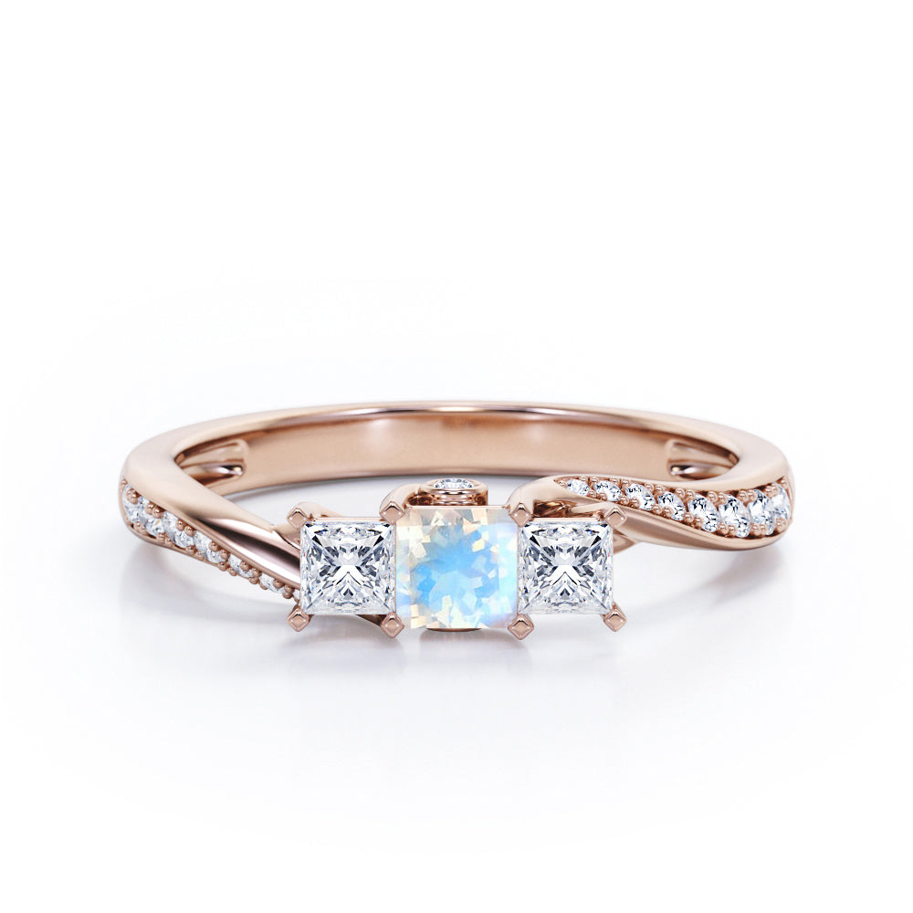 Scale Bridge Accent 0.65 carat Princess Moonstone and Moissanite Twisted Wave Engagement Ring in White Gold
